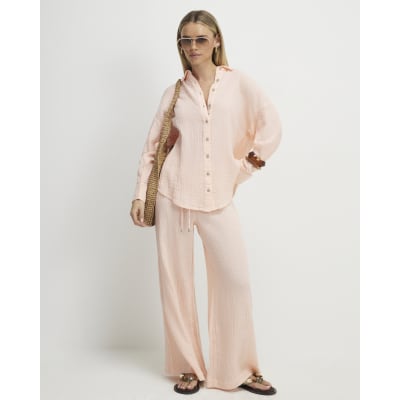 Petite Pink Crinkle Wide Leg Trousers