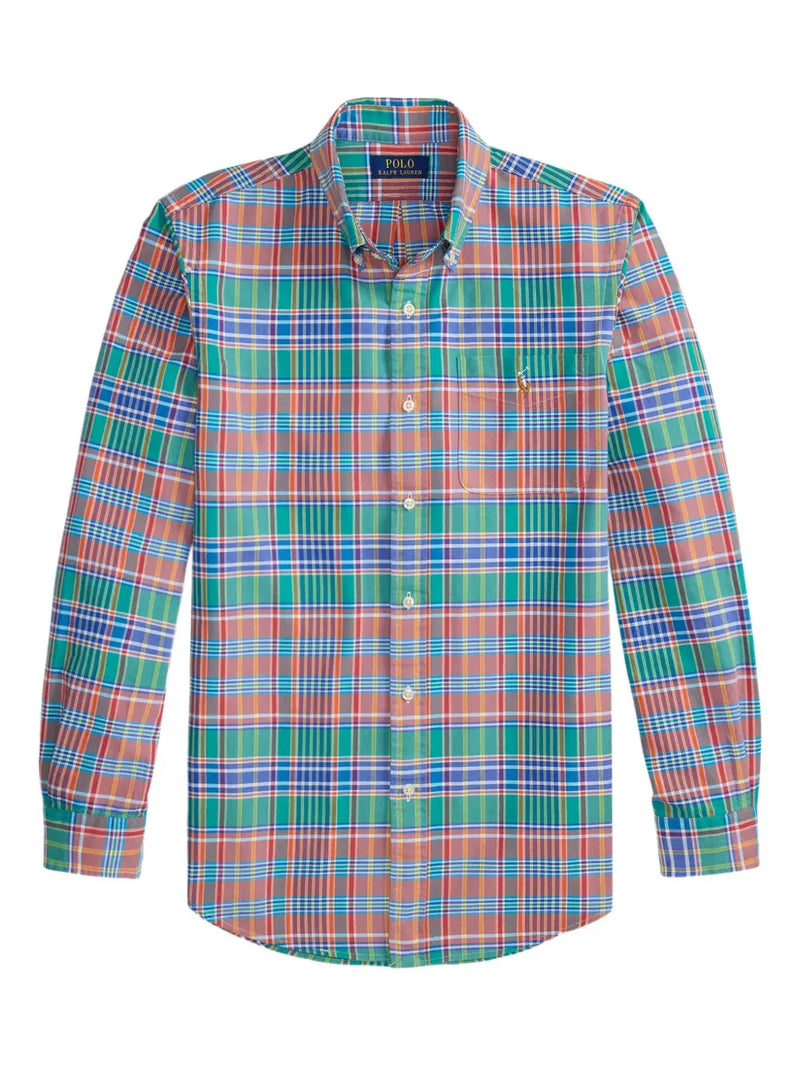 plaid-pattern logo-embroidered shirt
