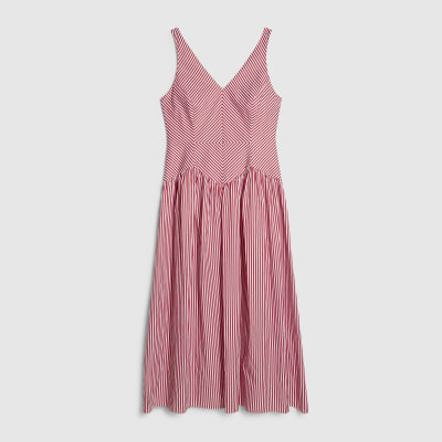 Red Petite V Neck Stripe Midi Dress
