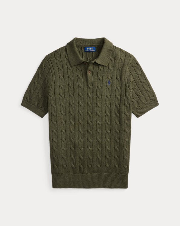 Cable-Knit Cotton Polo-Collar Sweater Garden Trail Heather