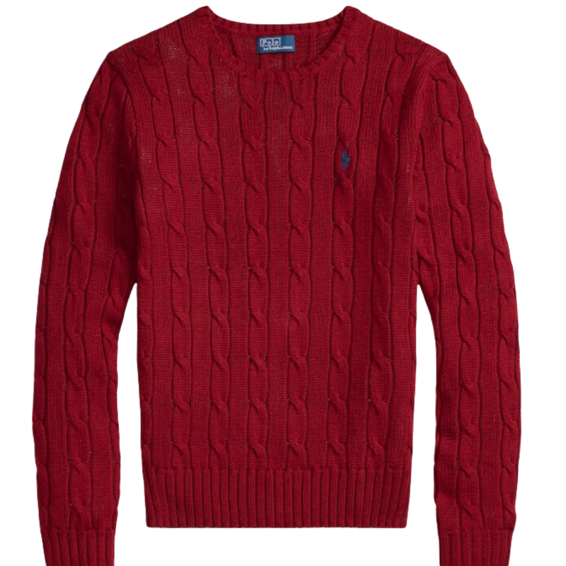 Women Red Cable-Knit Cotton Crewneck Sweater